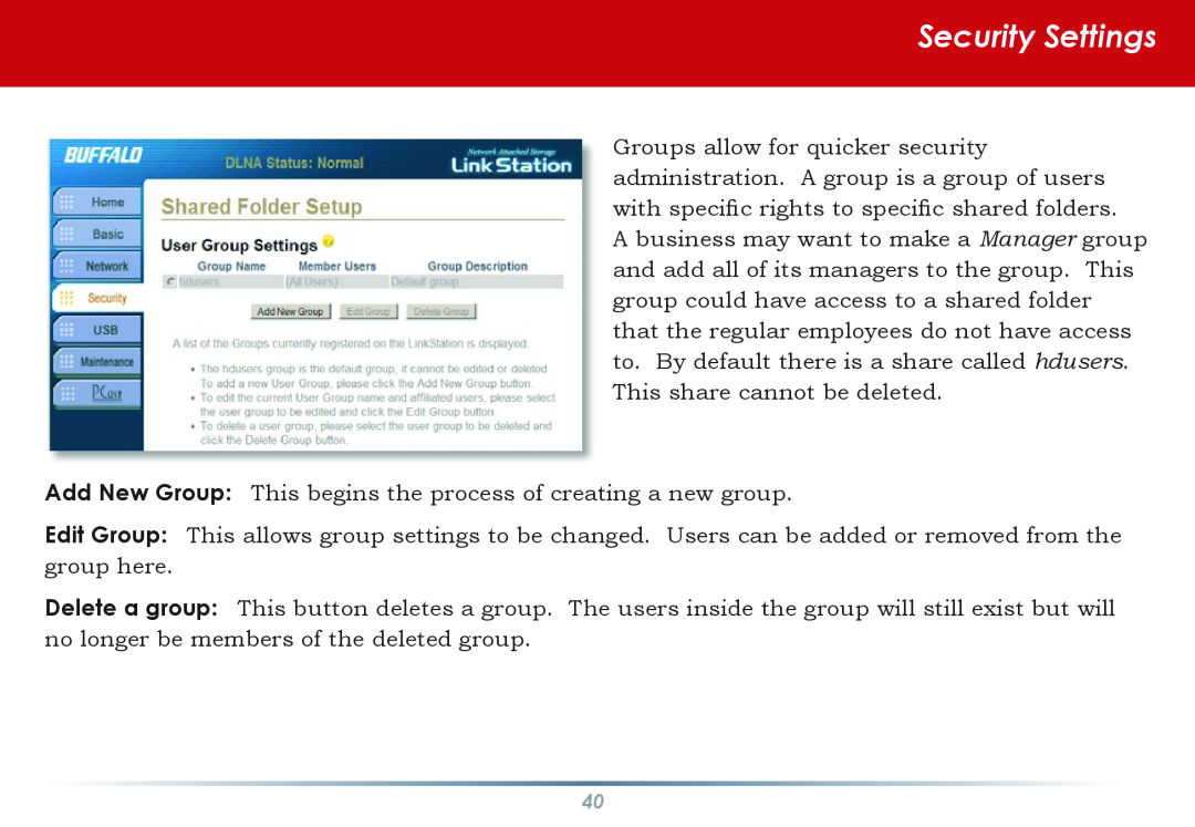 Buffalo Technology HS-DGL manual Security Settings 