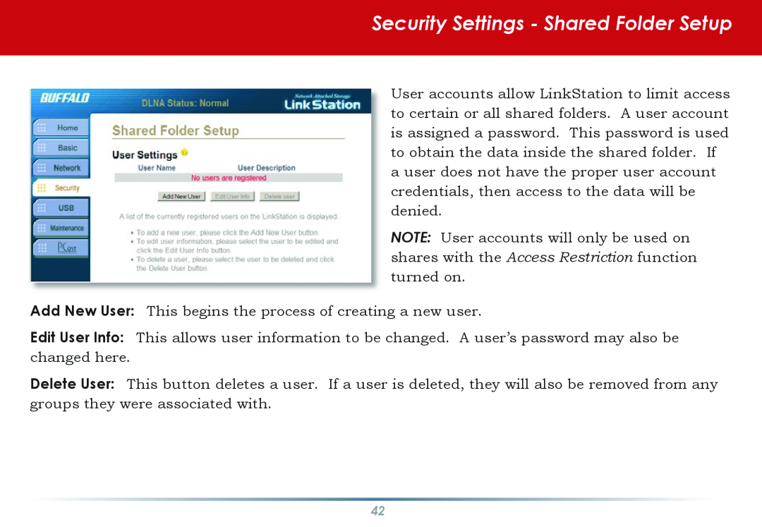 Buffalo Technology HS-DGL manual Security Settings - Shared Folder Setup 