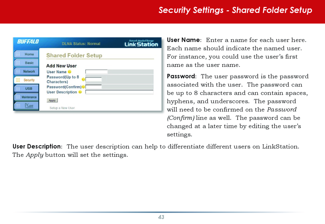 Buffalo Technology HS-DGL manual Security Settings - Shared Folder Setup 