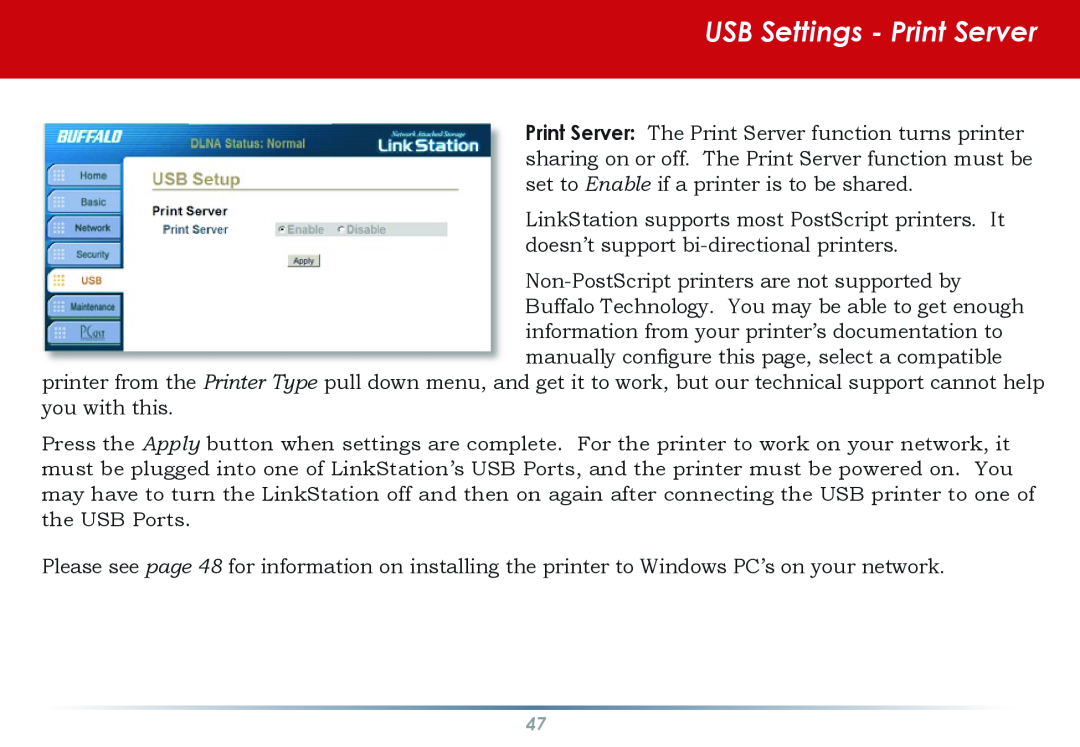 Buffalo Technology HS-DGL manual USB Settings - Print Server 