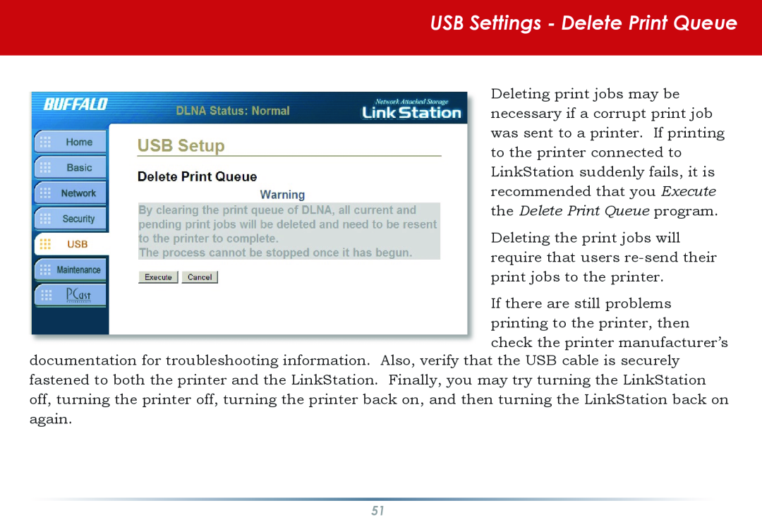 Buffalo Technology HS-DGL manual USB Settings - Delete Print Queue 