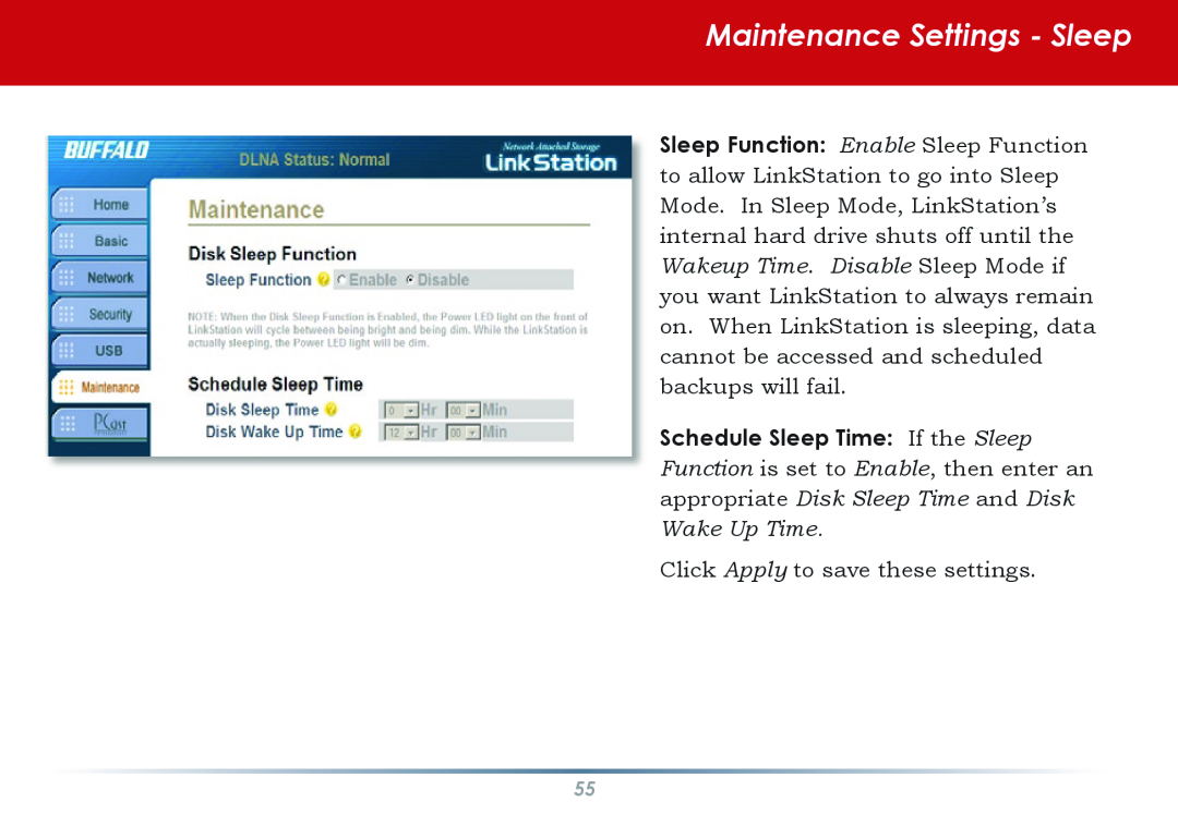 Buffalo Technology HS-DGL manual Maintenance Settings - Sleep, Click Apply to save these settings 