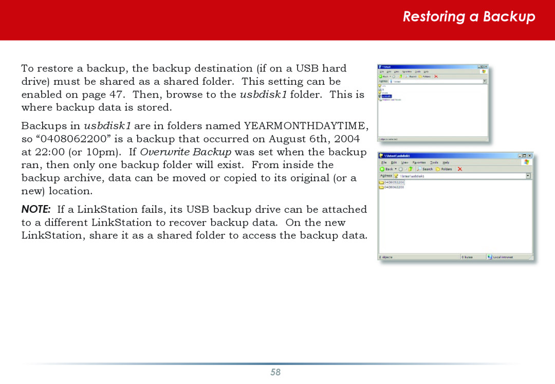 Buffalo Technology HS-DGL manual Restoring a Backup 