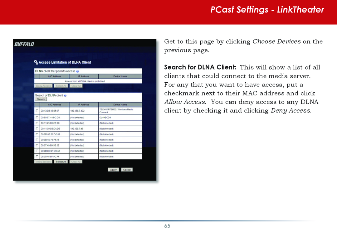 Buffalo Technology HS-DGL PCast Settings - LinkTheater, Get to this page by clicking Choose Devices on the previous page 