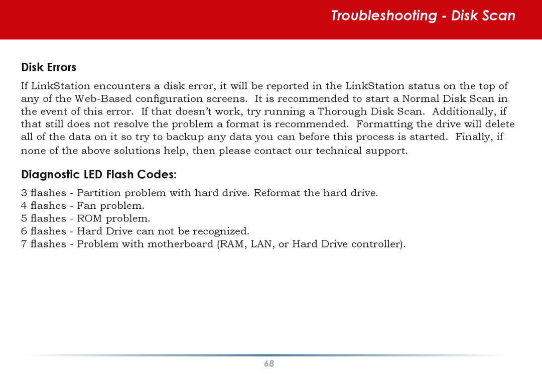 Buffalo Technology HS-DGL manual Troubleshooting - Disk Scan, Disk Errors, Diagnostic LED Flash Codes 