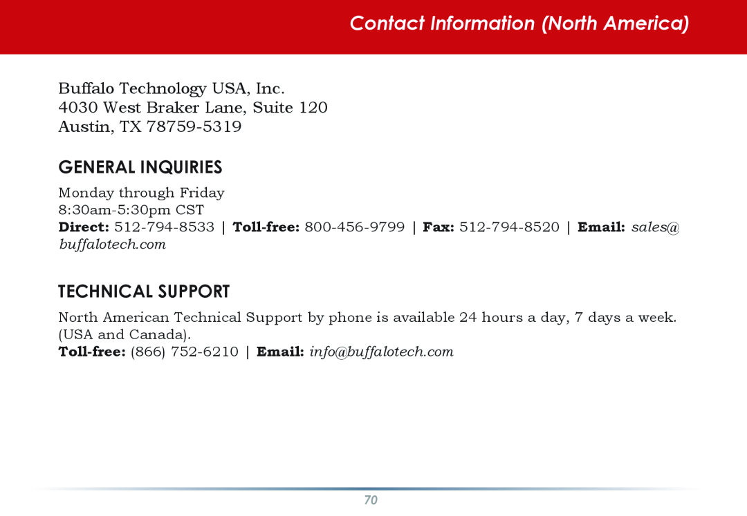 Buffalo Technology HS-DGL manual Contact Information North America, General Inquiries, Technical Support 
