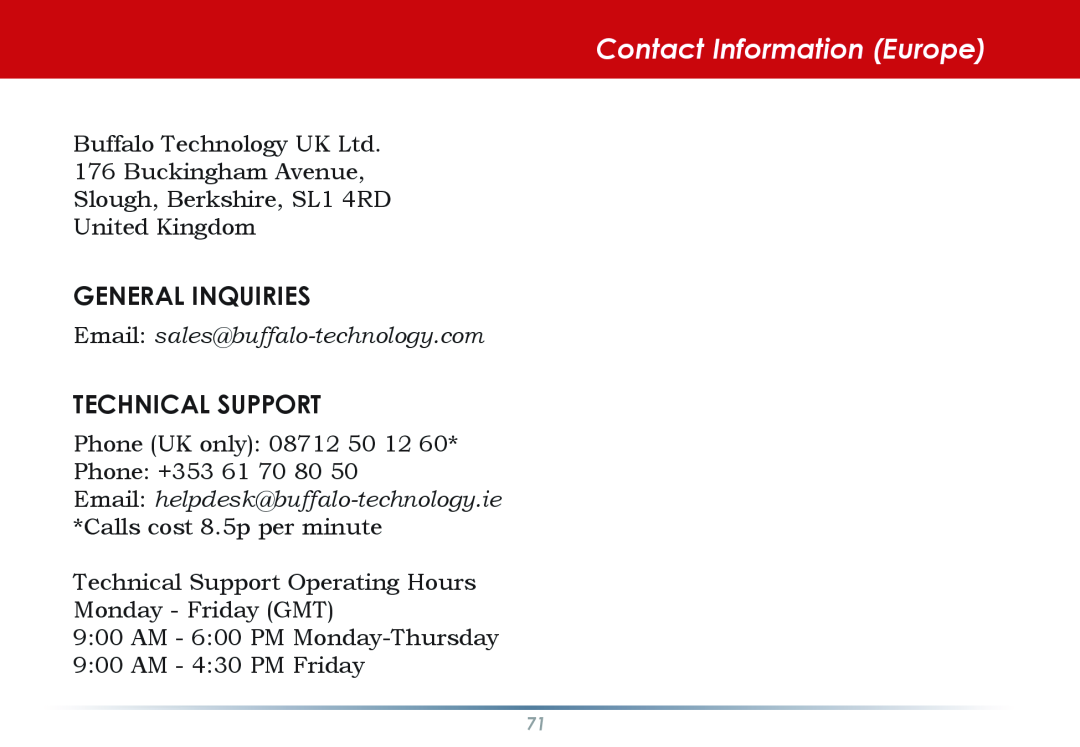 Buffalo Technology HS-DGL manual Contact Information Europe, General Inquiries, Technical Support 