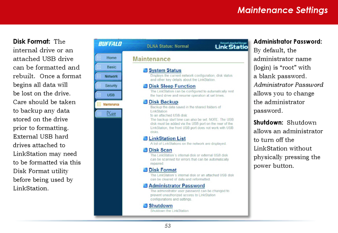 Buffalo Technology HS-DGL manual Maintenance Settings 