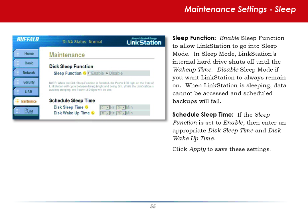 Buffalo Technology HS-DGL manual Maintenance Settings Sleep 