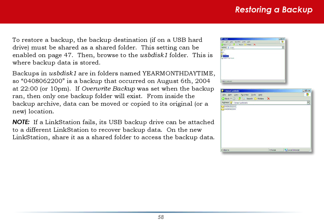 Buffalo Technology HS-DGL manual Restoring a Backup 