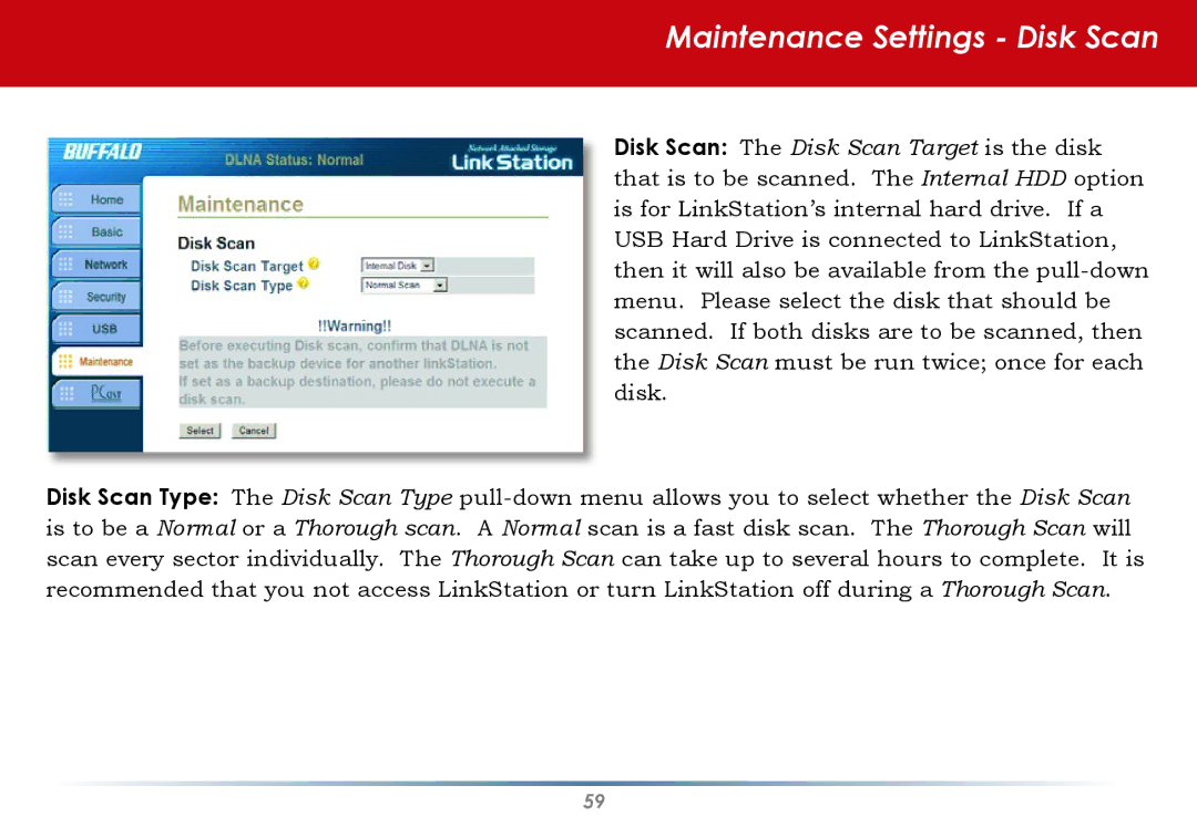 Buffalo Technology HS-DGL manual Maintenance Settings Disk Scan 