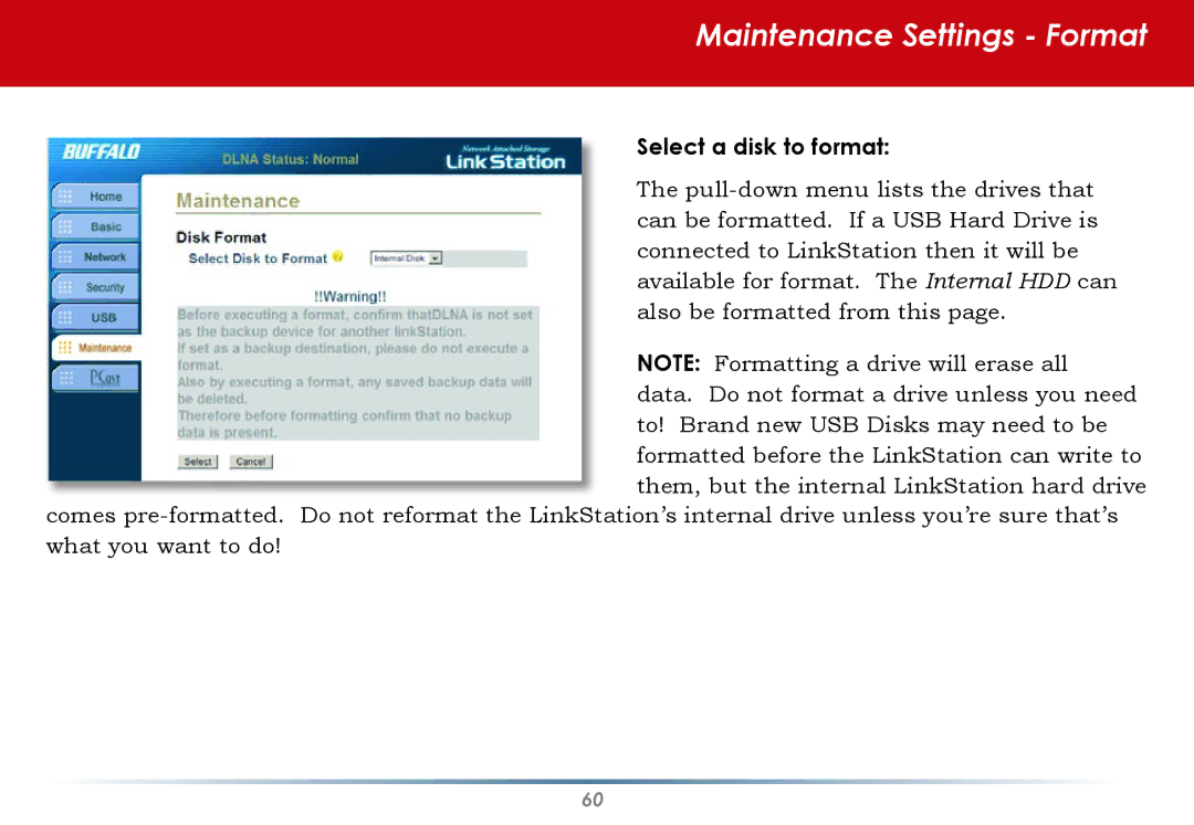 Buffalo Technology HS-DGL manual Maintenance Settings Format, Select a disk to format 