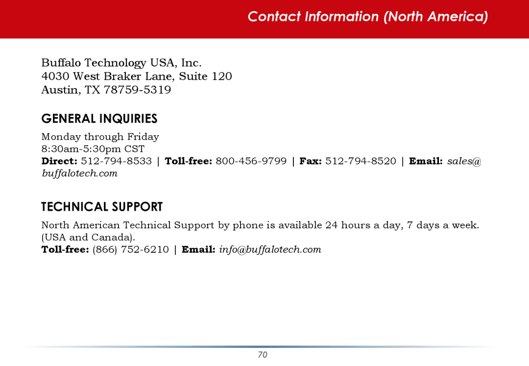 Buffalo Technology HS-DGL manual Contact Information North America, General Inquiries 