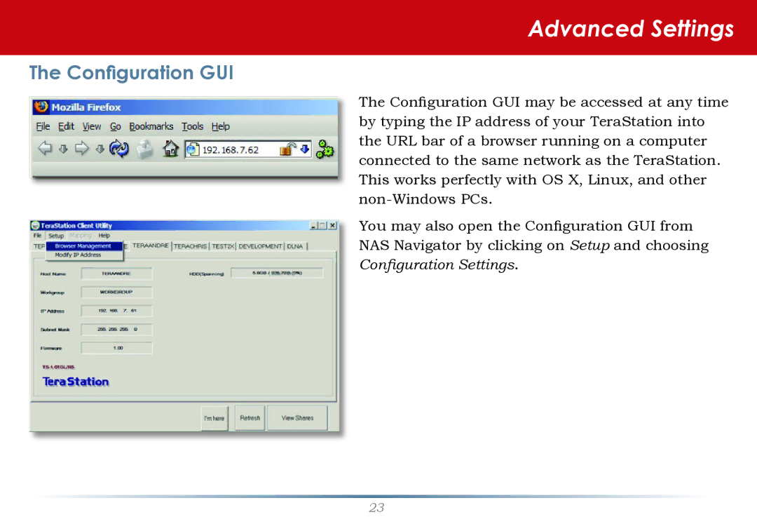 Buffalo Technology HS-DH-TGL/R5 user manual Advanced Settings, Configuration GUI 