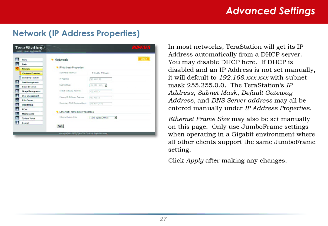 Buffalo Technology HS-DH-TGL/R5 user manual Network IP Address Properties 