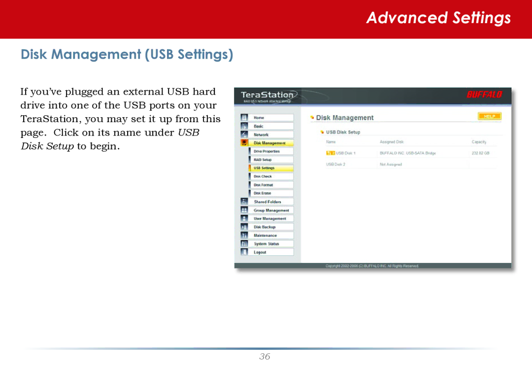 Buffalo Technology HS-DH-TGL/R5 user manual Disk Management USB Settings 