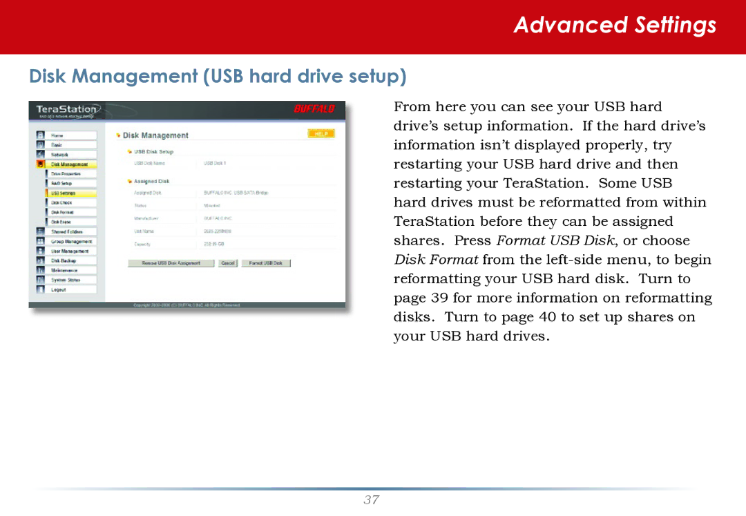 Buffalo Technology HS-DH-TGL/R5 user manual Disk Management USB hard drive setup 