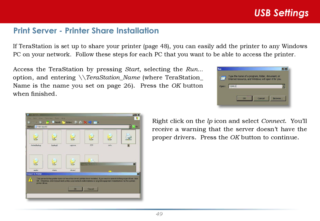 Buffalo Technology HS-DH-TGL/R5 user manual USB Settings, Print Server Printer Share Installation 