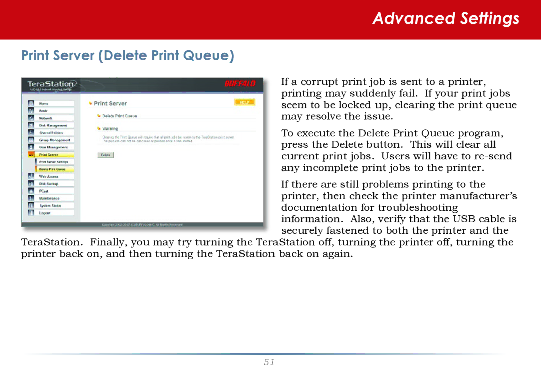 Buffalo Technology HS-DH-TGL/R5 user manual Advanced Settings, Print Server Delete Print Queue 