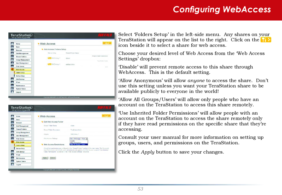 Buffalo Technology HS-DH-TGL/R5 user manual Configuring WebAccess 