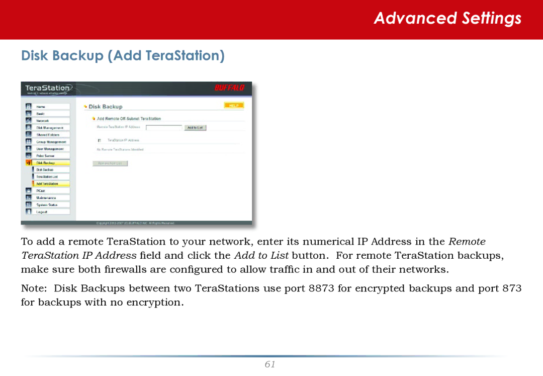 Buffalo Technology HS-DH-TGL/R5 user manual Disk Backup Add TeraStation 