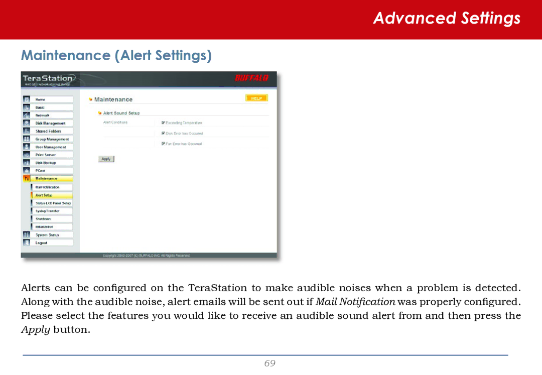 Buffalo Technology HS-DH-TGL/R5 user manual Maintenance Alert Settings 