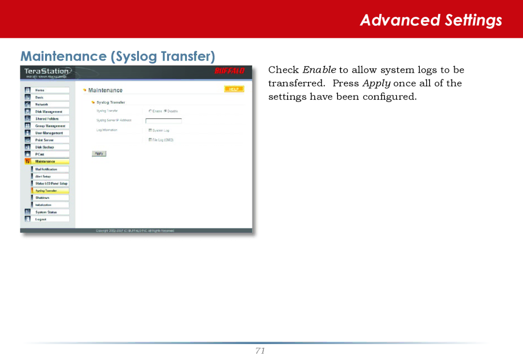 Buffalo Technology HS-DH-TGL/R5 user manual Maintenance Syslog Transfer 