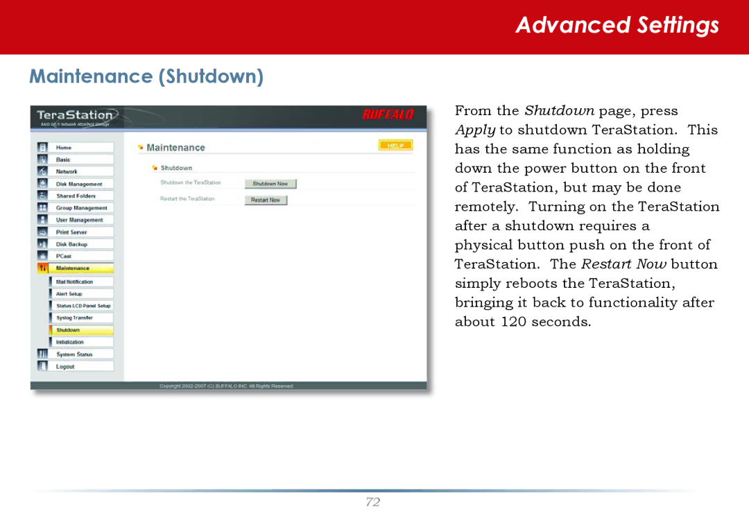 Buffalo Technology HS-DH-TGL/R5 user manual Maintenance Shutdown 