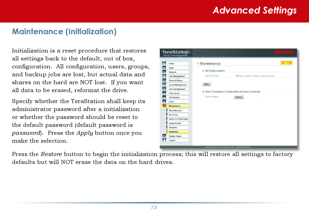 Buffalo Technology HS-DH-TGL/R5 user manual Maintenance Initialization 