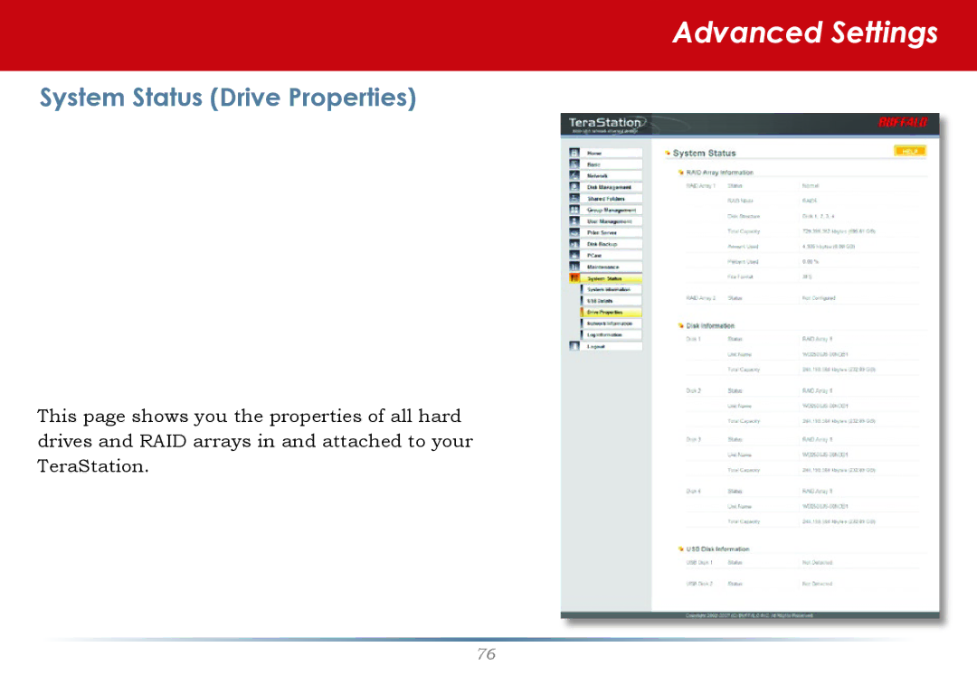 Buffalo Technology HS-DH-TGL/R5 user manual System Status Drive Properties 