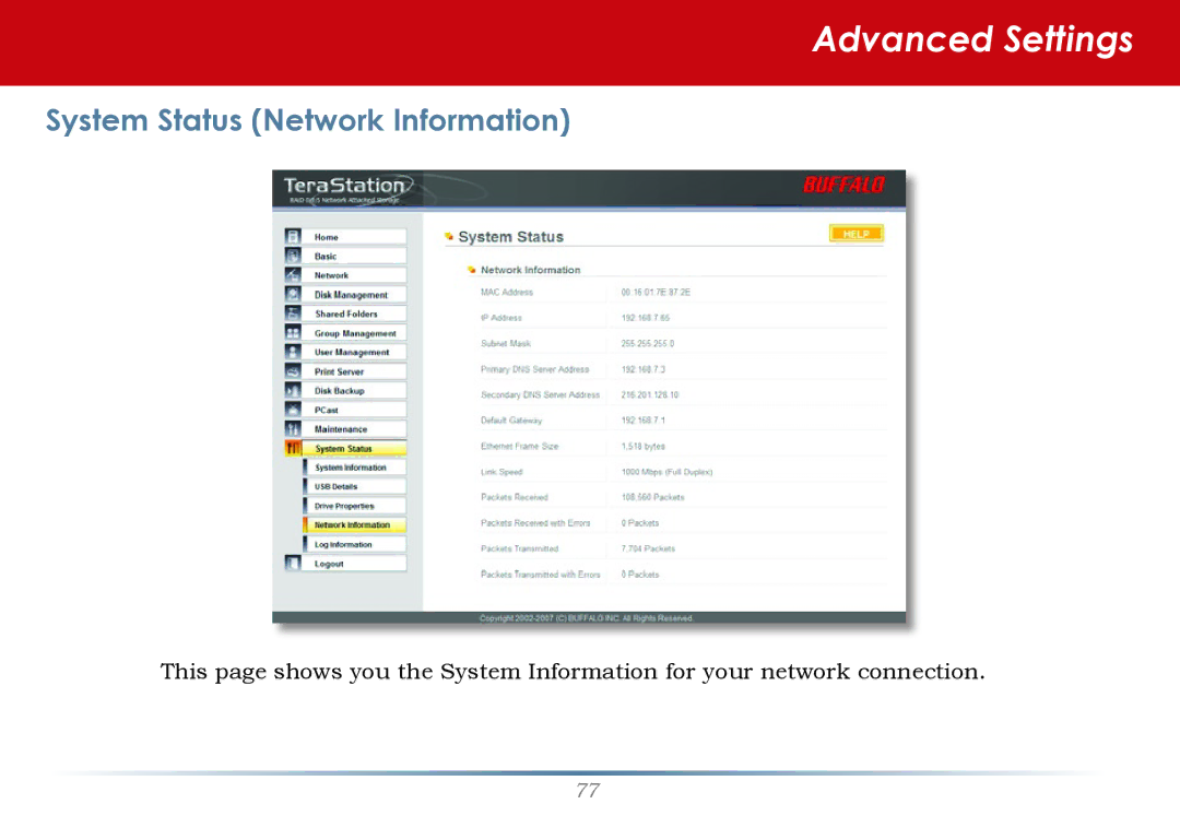 Buffalo Technology HS-DH-TGL/R5 user manual System Status Network Information 