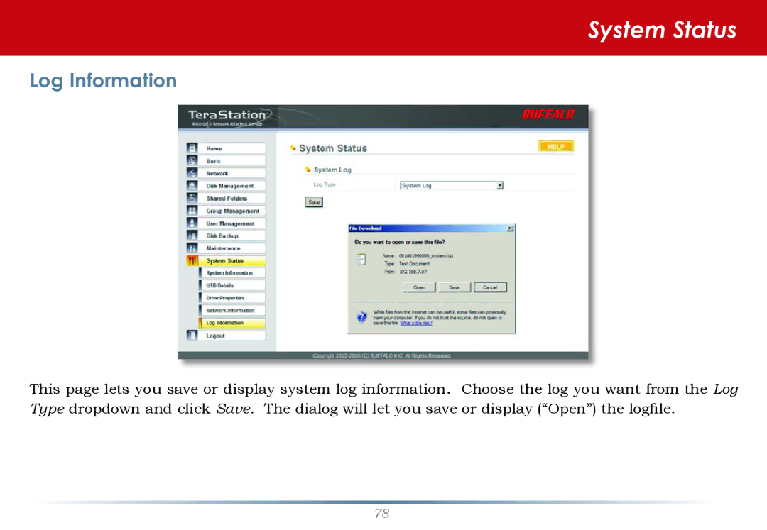 Buffalo Technology HS-DH-TGL/R5 user manual System Status, Log Information 