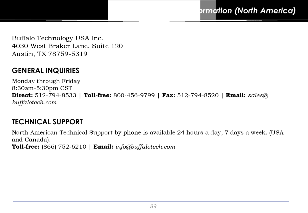 Buffalo Technology HS-DH-TGL/R5 user manual Contact Information North America 