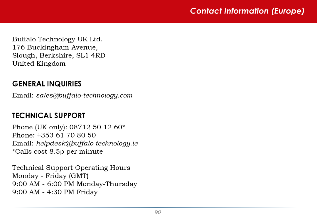 Buffalo Technology HS-DH-TGL/R5 user manual Contact Information Europe 