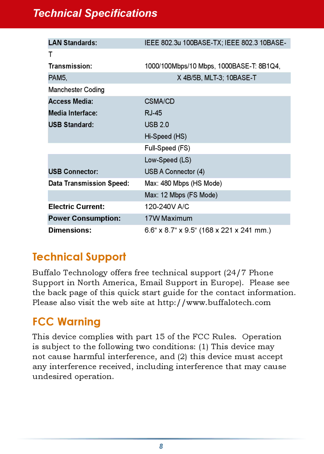 Buffalo Technology HS-DTGL/R5 setup guide Technical Specifications, Technical Support FCC Warning 