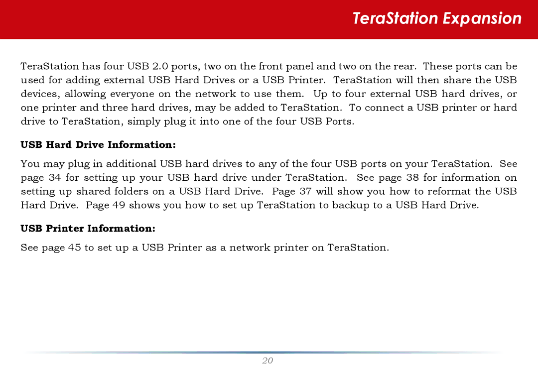 Buffalo Technology HS-DTGL/R5 user manual TeraStation Expansion, USB Hard Drive Information 