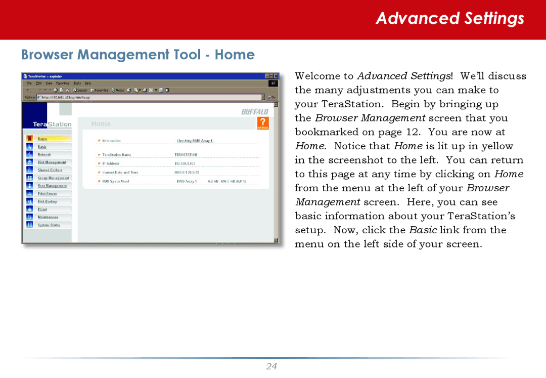 Buffalo Technology HS-DTGL/R5 user manual Advanced Settings, Browser Management Tool Home 