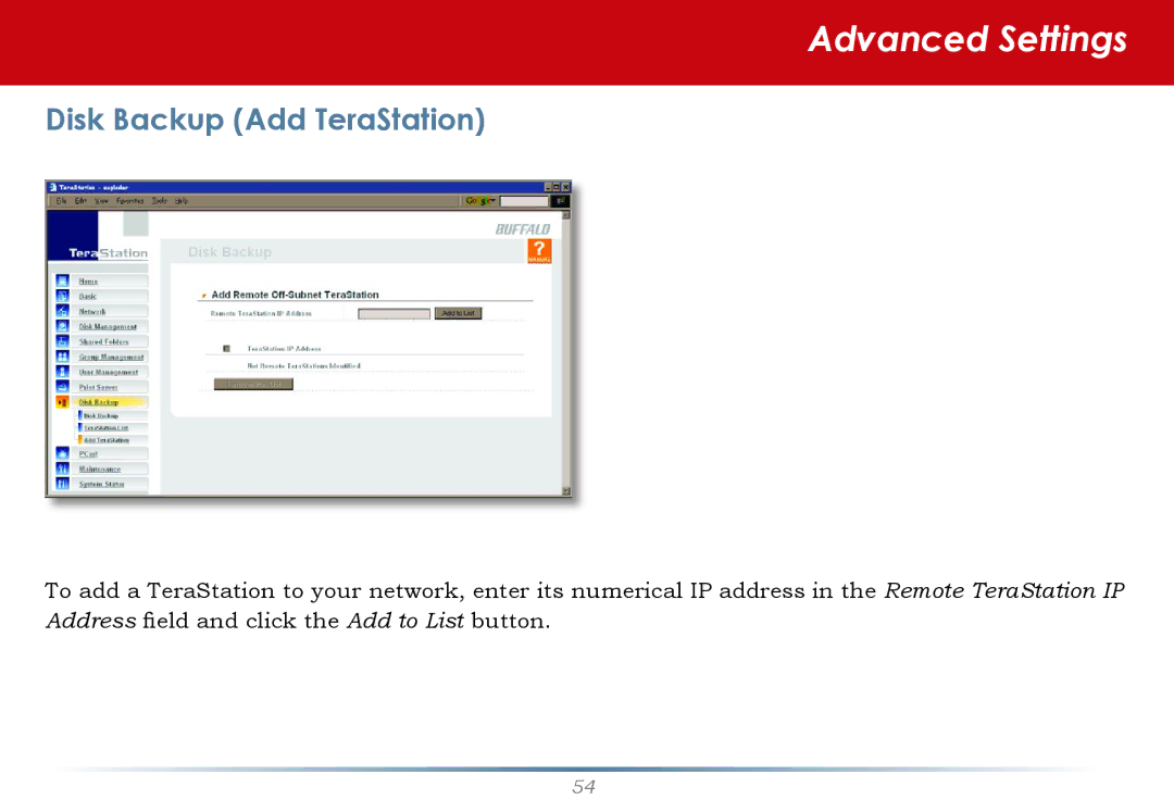 Buffalo Technology HS-DTGL/R5 user manual Disk Backup Add TeraStation 