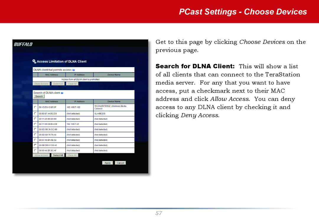 Buffalo Technology HS-DTGL/R5 user manual PCast Settings Choose Devices 