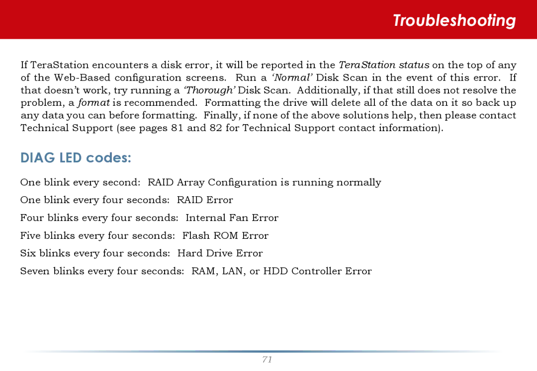 Buffalo Technology HS-DTGL/R5 user manual Troubleshooting, Diag LED codes 