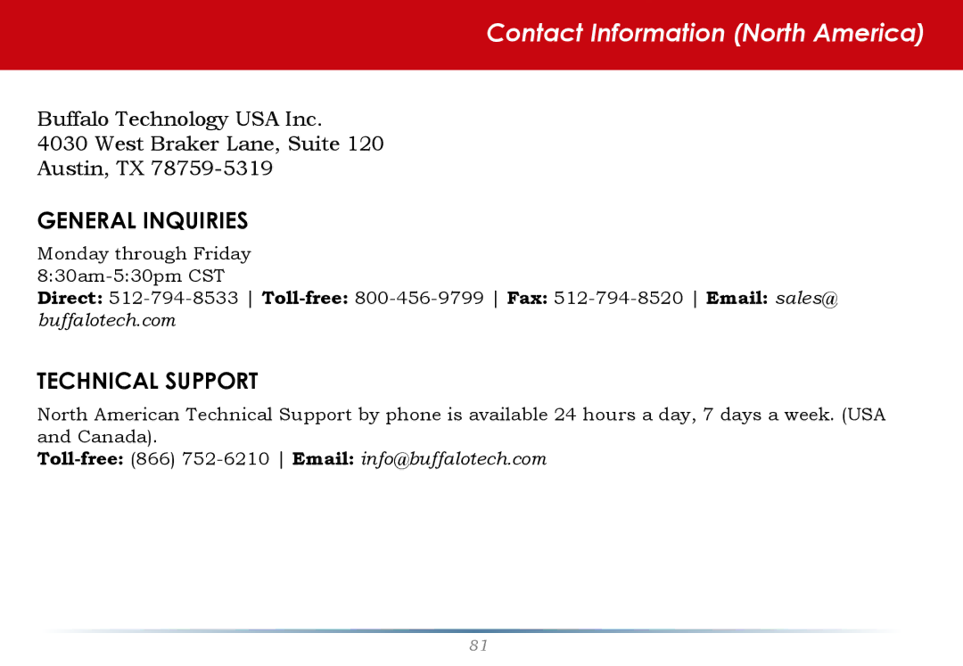 Buffalo Technology HS-DTGL/R5 user manual Contact Information North America 