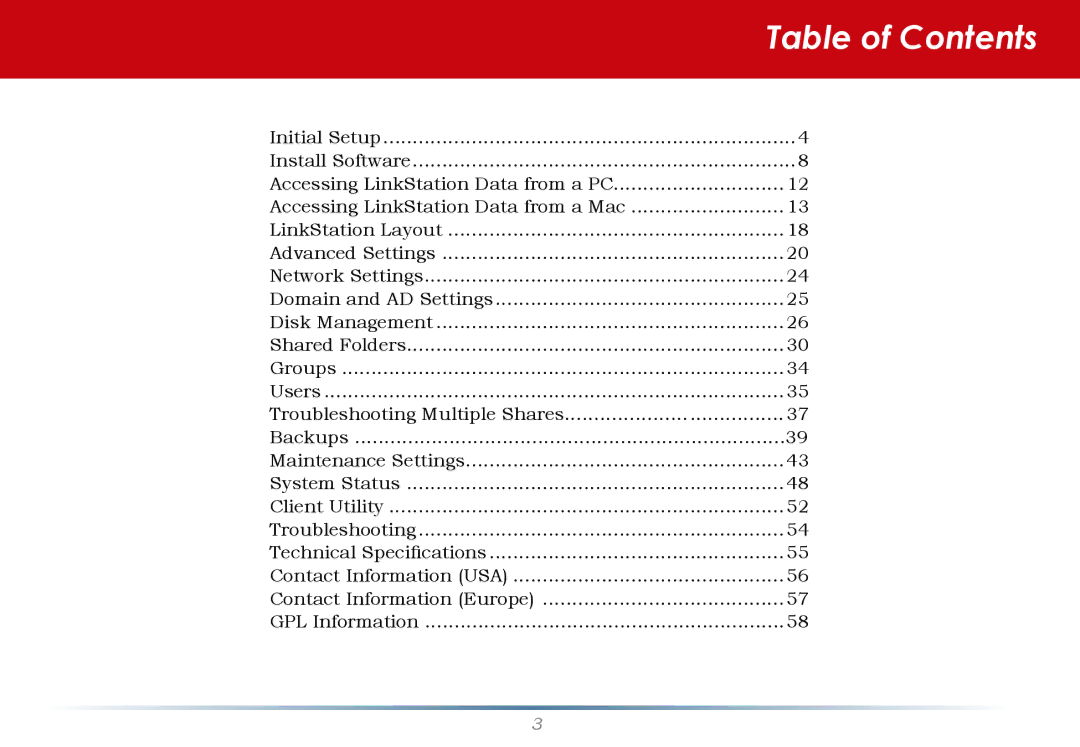 Buffalo Technology LinkStation Pro Shared Network Storage manual Table of Contents 