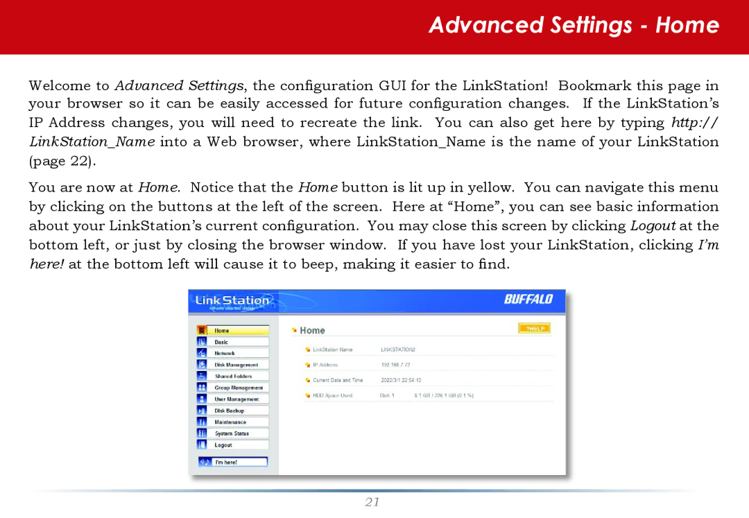 Buffalo Technology LinkStation Pro user manual Advanced Settings Home 