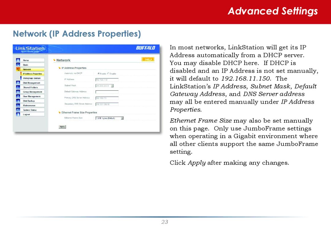 Buffalo Technology LinkStation Pro user manual Network IP Address Properties 