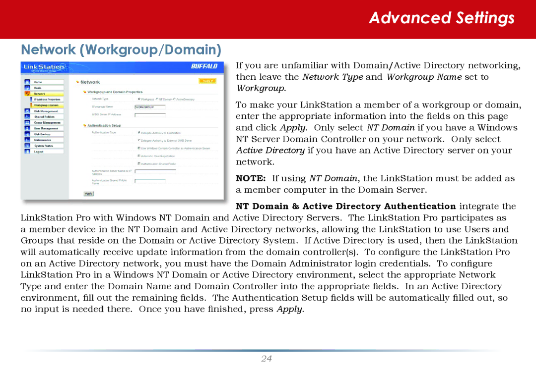 Buffalo Technology LinkStation Pro Network Workgroup/Domain, NT Domain & Active Directory Authentication integrate 