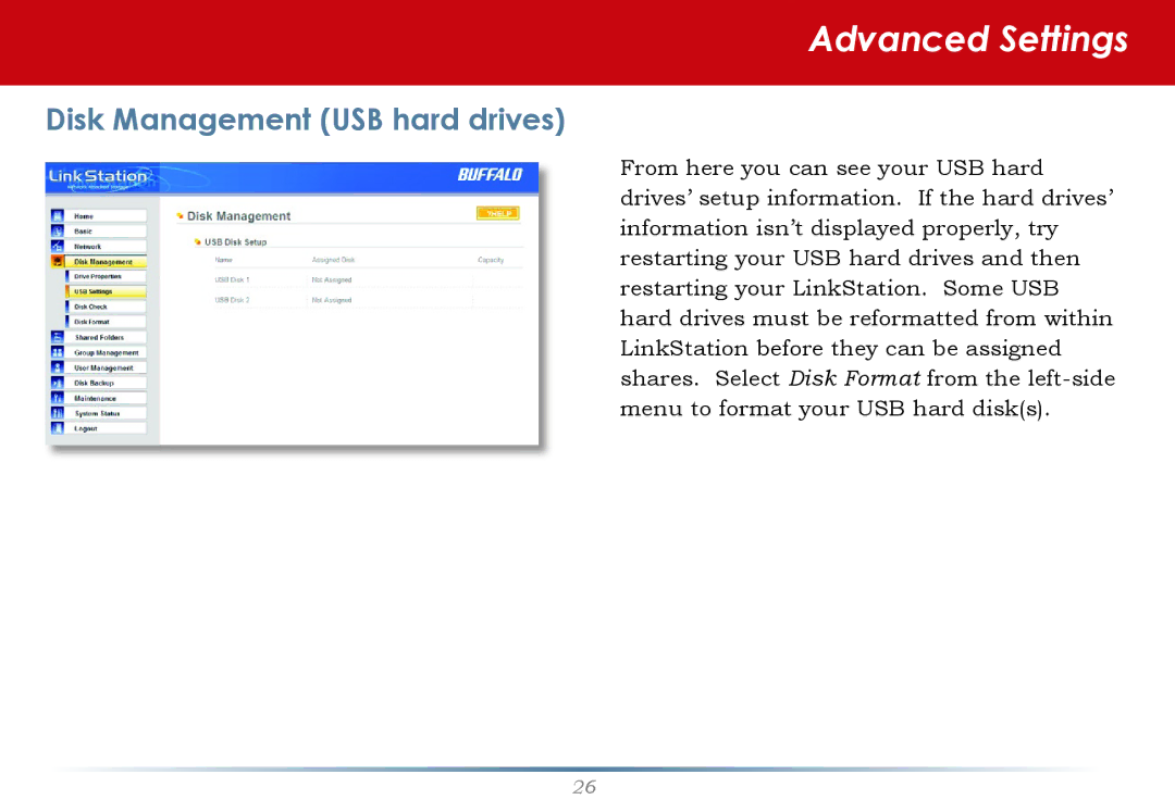 Buffalo Technology LinkStation Pro user manual Disk Management USB hard drives 