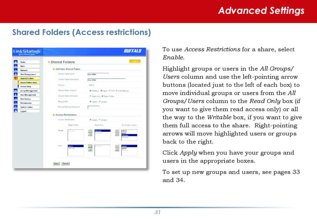 Buffalo Technology LinkStation Pro user manual Shared Folders Access restrictions, Enable 