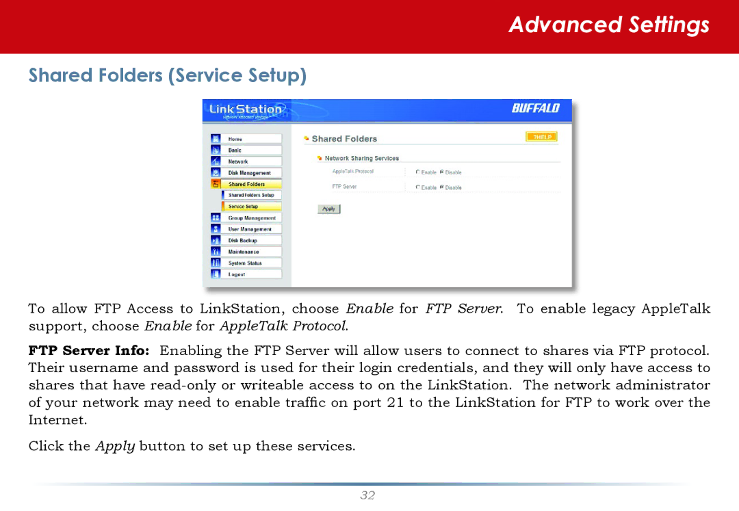 Buffalo Technology LinkStation Pro user manual Shared Folders Service Setup 