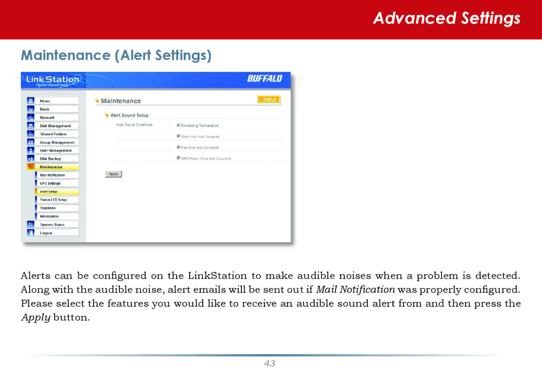 Buffalo Technology LinkStation Pro user manual Maintenance Alert Settings 