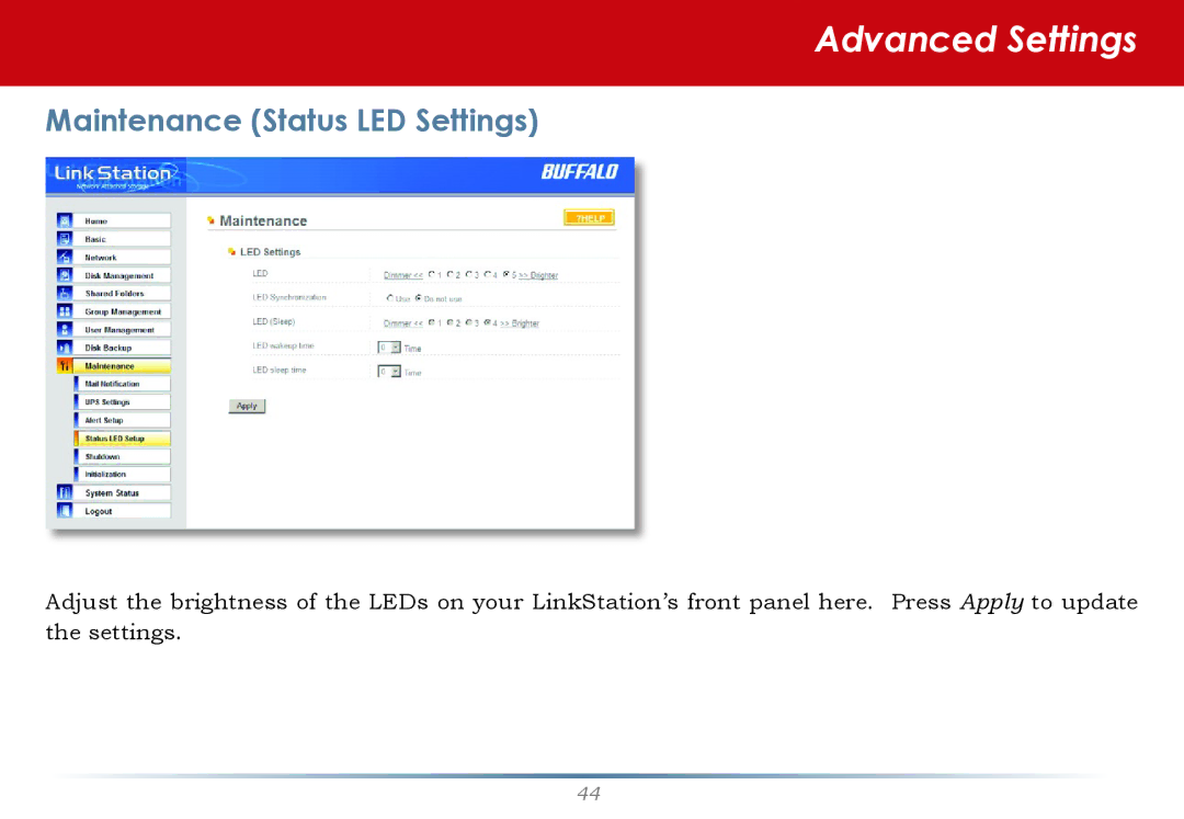 Buffalo Technology LinkStation Pro user manual Maintenance Status LED Settings 